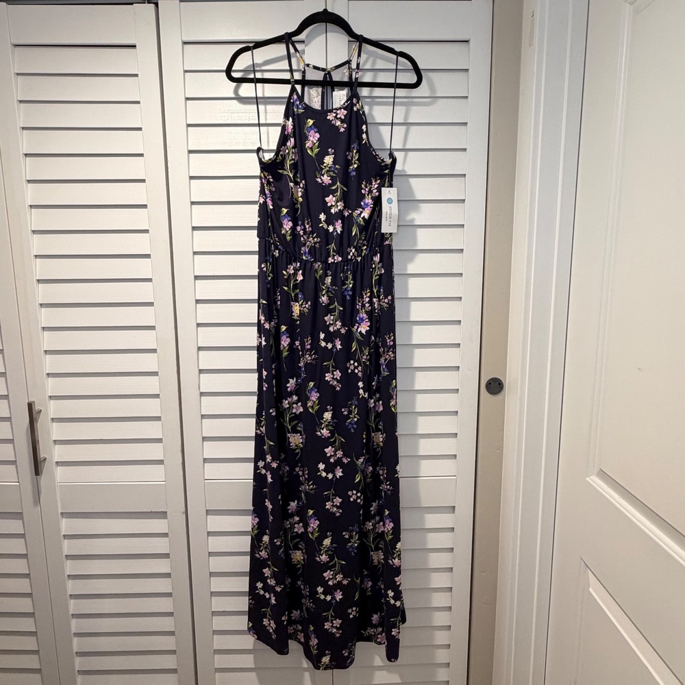 French Grey Floral‎ Maxi Dress XL Navy Blue Halter Neck Stitch Fix Exclusive NEW